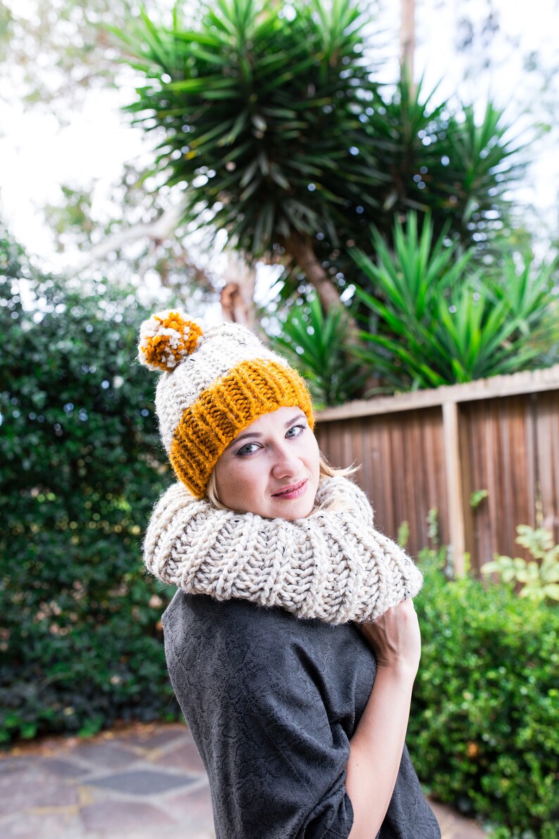 Yellow and Beige Hand Knit Children's Hat with Pompom, Made to order. Butterscotch Yellow and Oatmeal Beanie. image 10