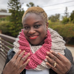 Multicolor Chunky Hand knitted Infinity Scarf for teens, Pink and Cream Handmade circle scarf, Ready to Ship image 5