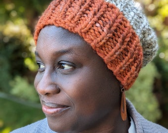 Fall Orange and beige Slouchy Chunky HandKnit Hat, Chunky hat for men, fall colors hat for women