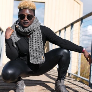 Dark Grey Long Unisex Textured Hand Knit Scarf (7ft long), READY TO SHIP