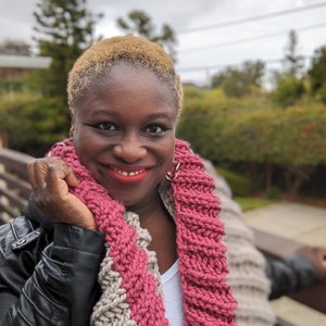 Multicolor Chunky Hand knitted Infinity Scarf for teens, Pink and Cream Handmade circle scarf, Ready to Ship image 1