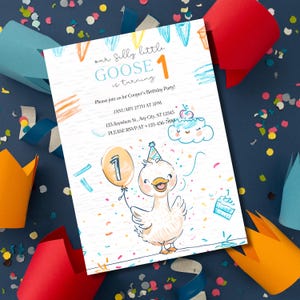 One Silly Goose Birthday Invitation Template | Editable Boy 1st Birthday Green Printable Invite, 1st Birthday Party Invite, One Silly Goose