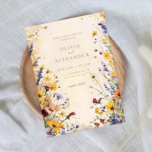 Watercolor Wildflower Wedding Invitation, Floral Wedding Invite, Elegant Floral, Watercolor Flowers, Elegant Wedding Invite Template, Canva