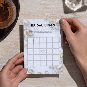 Bingo nupcial de perlas y prosecco, bingo para despedida de soltera, perlas y prosecco, despedida de soltera con perlas, juego de boda, plantilla de Canva, B003