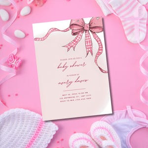 Pink Bow Baby Shower Invitation – Baby Shower Invitation, Customizable Girl Baby Shower Invite, Baby Shower, Pink Bow, Canva