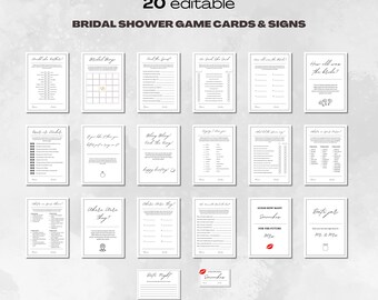 May include: Twenty printable bridal shower game cards and signs with black text on a white background. The cards include games like "How old was the bride?" and "Guess how many sandwiches for the future".