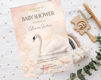 Schwan-Babyparty-Einladung, Schwan-Babyparty, Baby, Schwan, rosa Schwan, digitale Einladung, Einladungsvorlage, Babyparty