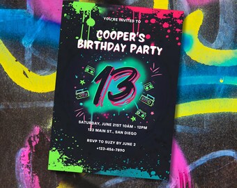 May include: A neon green and pink birthday party invitation with a black background. The invitation says "You're invited to Cooper's Birthday Party" and features the number 13 in a neon green and pink font. The invitation also includes the date, time, location, and RSVP information.