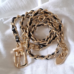 Gold black woven hand ensembled leather belt with chain drop - black gold chain buckle belt for dresses, coats and all outfits - gold belt