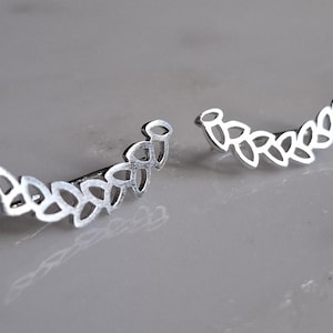 Silver Climber Earrings - Silver Linked Leaf Earrings - Silver Geometric Wing Climber Leaf Earrings - Silver Leaf Climber Stud Earrings
