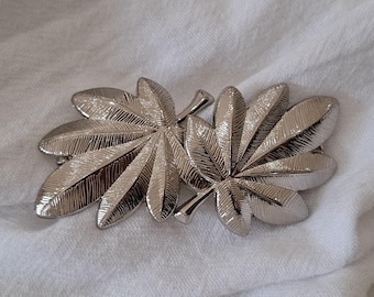 Silver 1cm handmade stretch belt with double leaf buckle - silver elastic textured leaf hook buckle belt for all outfits - silver leaf belt