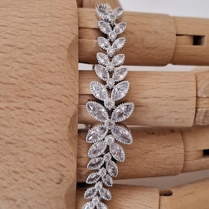 Silver Wedding Swarovski Crystal Floral Link Tennis Bracelet - Silver Crystal Adjustable Flower Tennis Bracelet - Silver Linked Bracelet