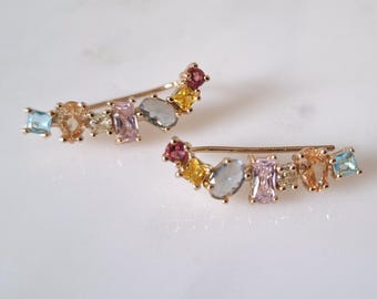 Pendientes largos de cristal dorados con eslabones – Pendientes grandes de cristal Swarovski multicolor de estilo trepador – Pendientes de botón dorados brillantes, pendientes de botón dorados con cristales
