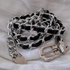 Silver 1cm black leather belt with chain drop - silver linked chain black leather woven belt for dresses, coats and jeans