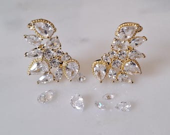 Gold Climber Crystal Stud Earrings – Large Gold Climber Swarovski Crystal Earrings - Gold Wing Leaf Stud Earrings, Gold Crystal Earrings