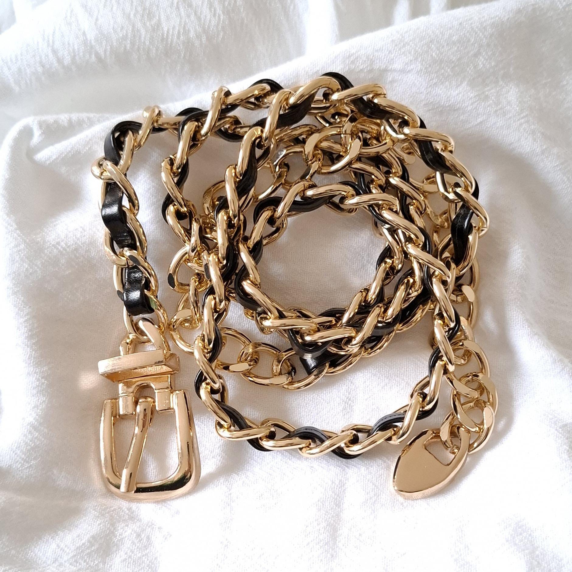 Gold 1cm Black Woven Leather Belt With Adjustable Chain Drop 