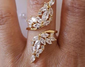 Gold Long Leaf Flower Adjustable Crystal Cocktail Ring - Gold Crystal Open Ring - Elegant Long Open Gold Cocktail Crystal Ring - Gold Ring