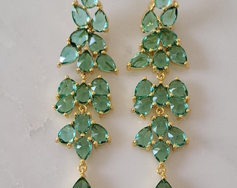 Gold Green Chandelier Earrings – Elegant Filigree Dangle Gold Green Crystal Earrings - Green Crystal Earrings for Weddings, Parties & Gifts