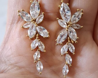 Gold Leaf Drop Crystal Earrings, Gold Water Drop Earrings - Sparkling Crystal Drop Gold Leaf Earrings, Gold Clear Crystal Drop Earrings