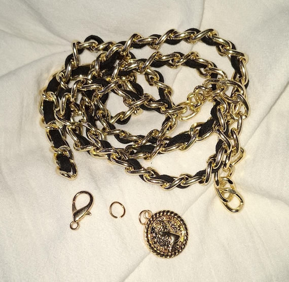 Gold 1cm Black Woven Leather Belt With Adjustable Chain Drop  display picture 3