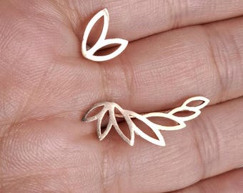 Rose Gold Geometric Leaf Climber Earring and Stud - Rose Gold Linked Leaf Earring and Stud - Rose Gold Wing Climber Leaf Earring and Stud