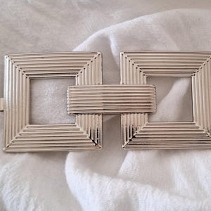 Silver hand assembled thin elastic belt with large square buckle - large silver double square textured hook buckle belt, silver hook belt