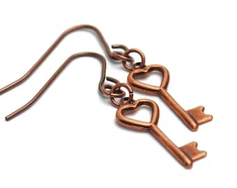 Heart Key Earrings in Antique Copper - Copper Heart Key Earrings, Copper Key Jewelry, Copper Heart Earrings, Antique Copper Key Earrings