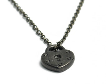 Gunmetal Heart Lock Necklace - Gunmetal Heart Necklace, Gunmetal Lock Necklace, Gunmetal Heart Lock Charm Necklace, Valentines Day Gift