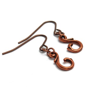 May include: A pair of copper earrings with a simple, curved design. The earrings are attached to a thin, brown wire.
