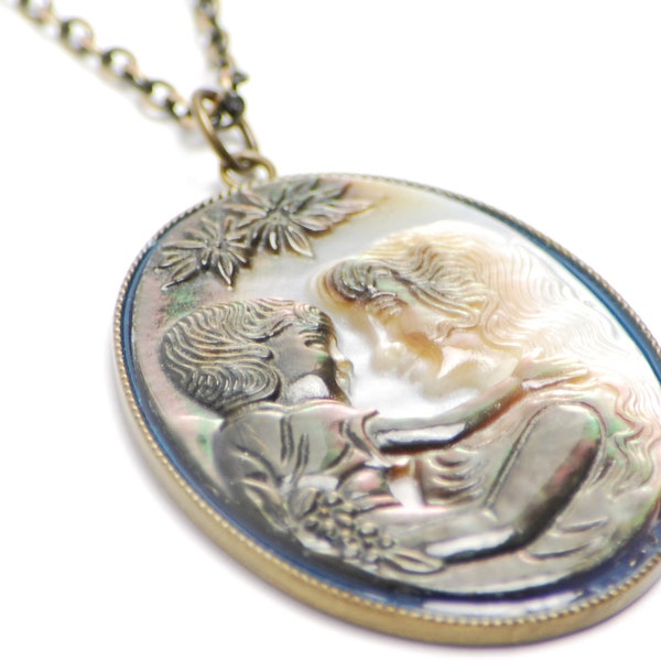 Mother and Child Cameo Necklace in Antique Brass - Mother Son Cameo, Mother Daughter Cameo Jewelry, Shell Cameo Necklace, Mothers Day Gift