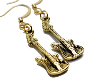 Electric Guitar Earrings in Gold - Gold Guitar Earrings, Gold Guitar Jewelry, Gold Electric Guitar, Guitar Charm Earrings, Gold Music Gift