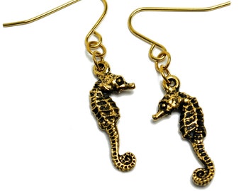 Seahorse Earrings in Gold - Gold Seahorse Earrings, Gold Seahorse Jewelry, Nautical Jewelry, Ocean Earrings, Aquarium, Sea Horse Art