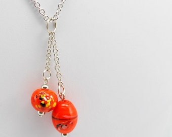 Orange Beaded Dangle Necklace in Silver - Abstract Halloween Jewelry, October Jewelry, One of a Kind