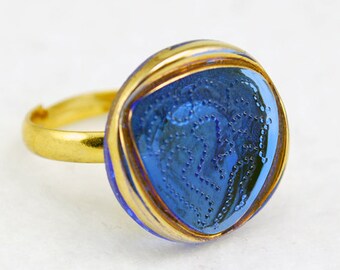 Blue & Gold Triangle Ring in Gold - Vintage Glass Ring, Adjustable Ring, Limited Edition
