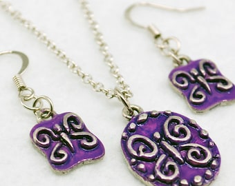Purple Butterfly Jewelry Set in Silver - Hand-painted, Limited Edition