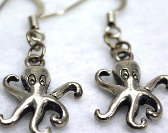 Silver Octopus Earrings - Ocean Earrings, Steampunk Earrings, Nautical, Marine Biologist, Cephalopod, Mermaid, Animal, Funny, Cute, Gift