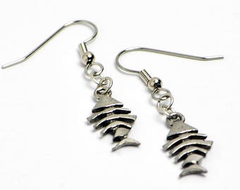 Fishbone Earrings in Silver - Silver Fishbone Earrings, Silver Fishbone Jewelry, Silver Fish Earrings, Silver Fish Jewelry, Bone Earrings