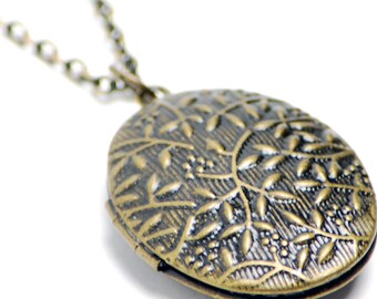 Embossed Floral Locket Necklace in Antique Brass - Locket Necklace, Locket Jewelry, Floral Necklace, Floral Jewelry, Mothers Day, Valentines