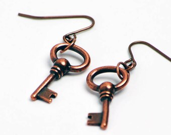 Oval Key Earrings in Antique Copper - Antique Copper Key Earrings, Antique Copper Key Jewelry, Copper Key Earrings, Steampunk Key Earrings