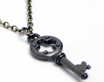 Gunmetal Quatrefoil Key Necklace - Black Key Necklace, Black Quatrefoil Necklace, Black Clover Key Necklace, Black Steampunk Key Necklace