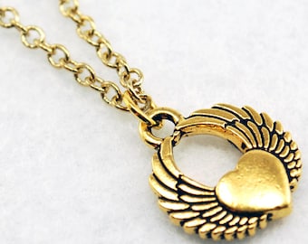 Gold Winged Heart Necklace - Gold Flying Heart Necklace, Gold Heart Necklace, Gold Wing Necklace, Wings Necklace, Valentine's Day