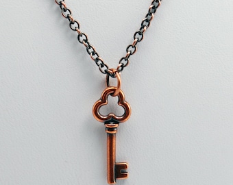 Clover Key Necklace in Antique Copper - Copper Key Necklace, Steampunk Necklace, Victorian Necklace, Valentines Day Gift, Girlfriend Gift