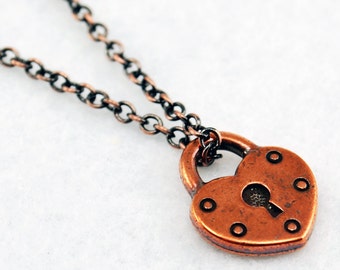 Antique Copper Heart Lock Necklace - Antique Copper Heart Necklace, Antique Copper Lock Necklace, Antique Copper Heart Lock Charm Necklace