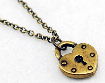 Collar con candado de corazón en latón antiguo, Joyería con candado de latón antiguo, Collar con corazón de latón antiguo, Regalo de San Valentín o de Galentine