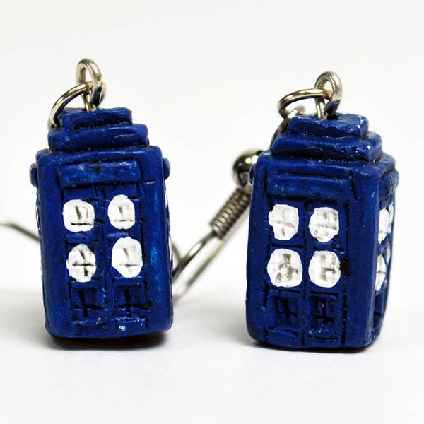 TARDIS Earrings in Silver - Silver TARDIS Jewelry, Silver Doctor Who Earrings, Silver Doctor Who Jewelry, Silver Dr Who Earrings, Anglophile