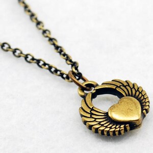Antique Brass Winged Heart Necklace - Antique Brass Flying Heart Necklace, Brass Heart Necklace, Brass Wings Necklace, Valentine&#39;s Day Gift