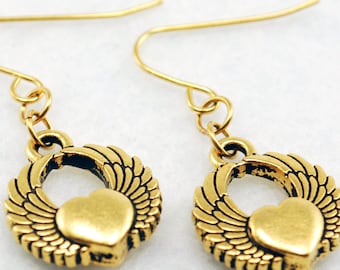 Gold Winged Heart Earrings - Gold Flying Heart Earrings, Gold Heart Earrings, Gold Wing Earrings, Wings Earrings, Valentine's Day