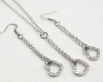 Dangling Silver Heart Jewelry Set - Silver Heart Necklace and Silver Heart Earrings