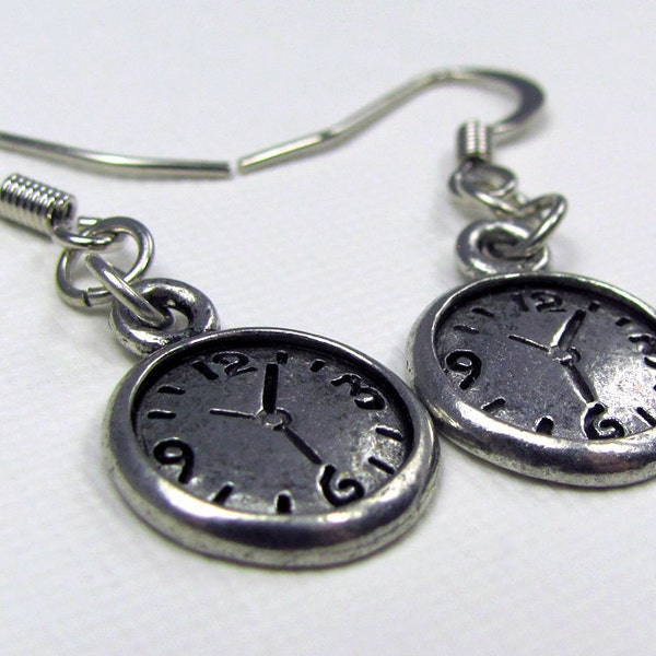 Silver Clock Earrings - Steampunk Earrings, Alice in Wonderland Earrings, White Rabbit, Time Travel, Steam Punk, Charm, Small, Gift, Friend
