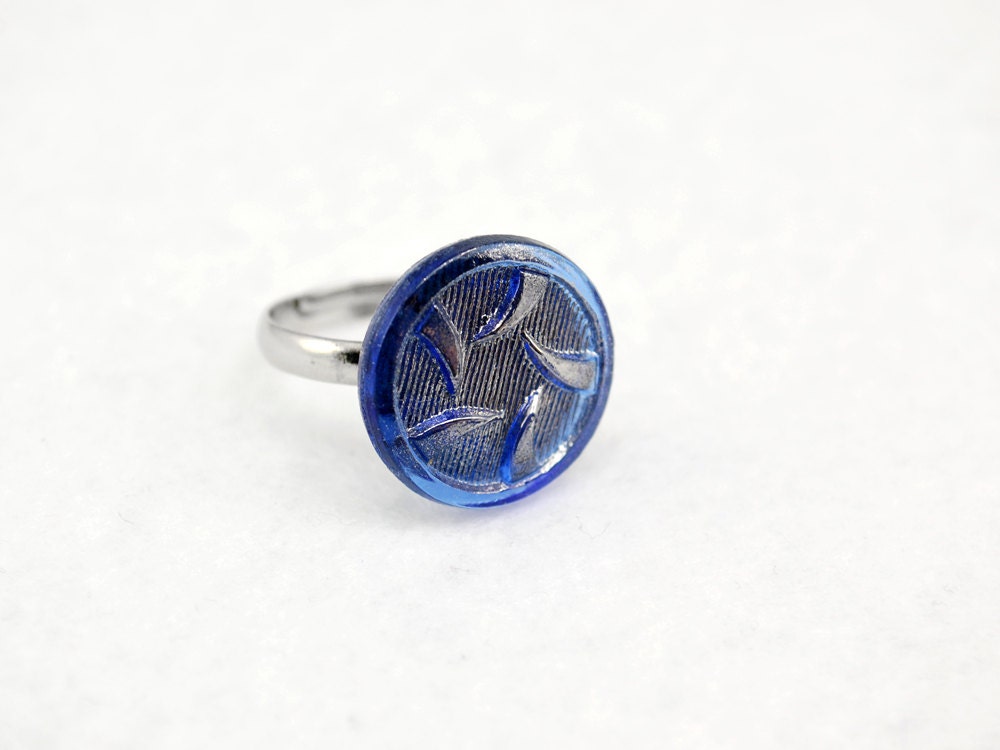 Blue Thorns Ring in Silver Vintage Glass Ring Adjustable - Etsy